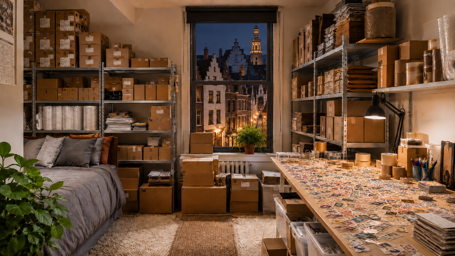 FOTO: het kot — rekken vol producten, dozen op de grond, postzegels óveral